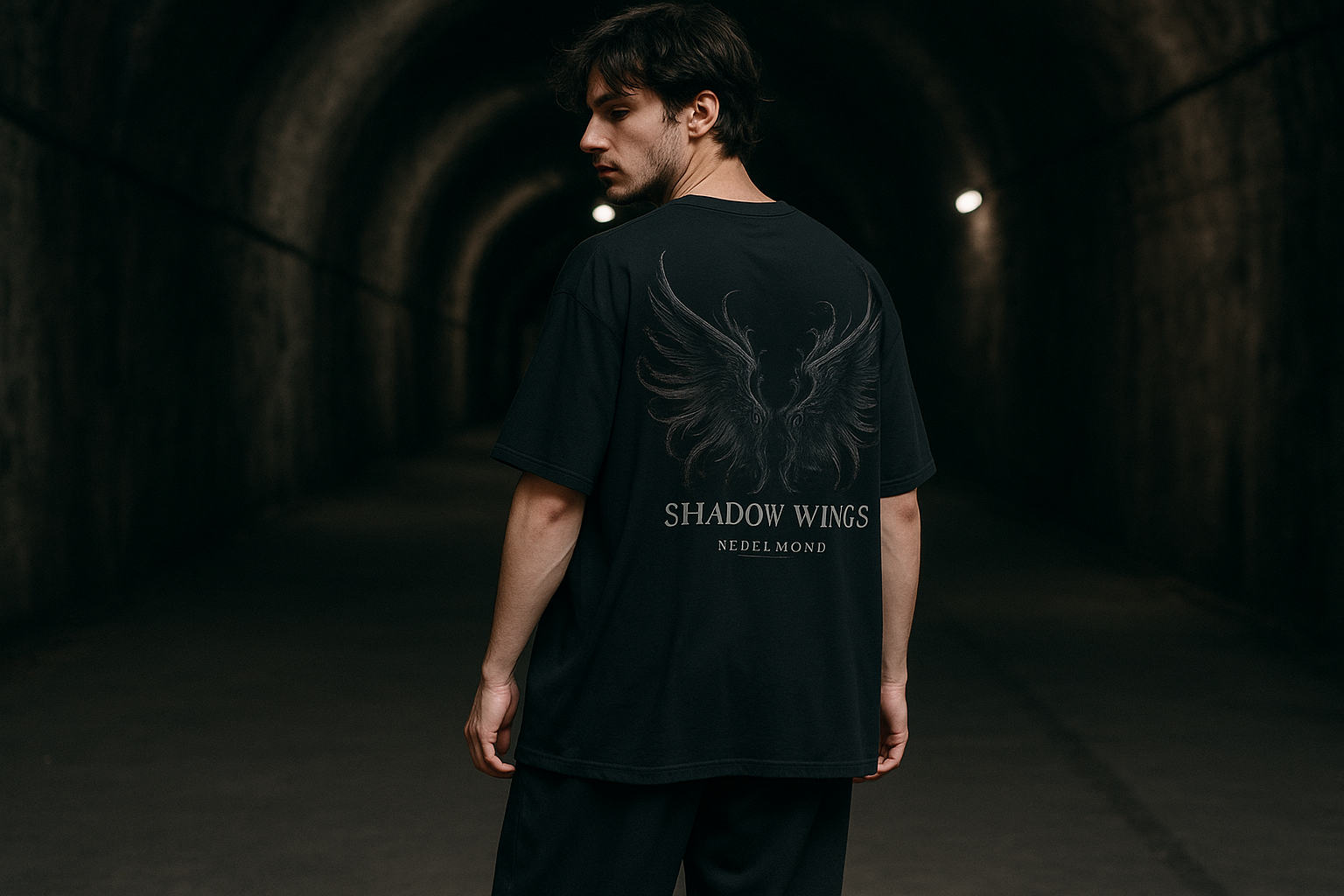 Mann Mockup Shadow Wings Oversized Shirt Black - Korrekt