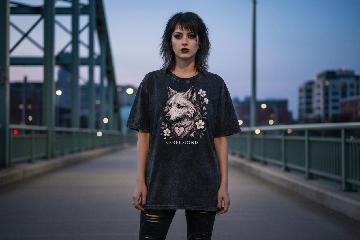 Oversized Shirt Frontprint Washed Black Mockup