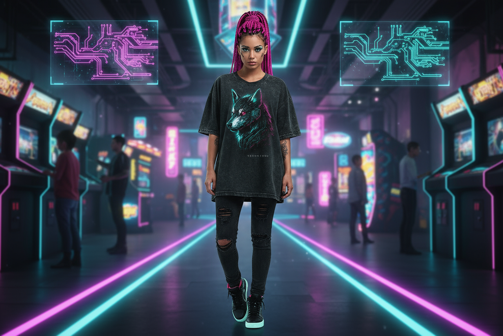 Oversized Shirt Frontprint Washed Black Mockup