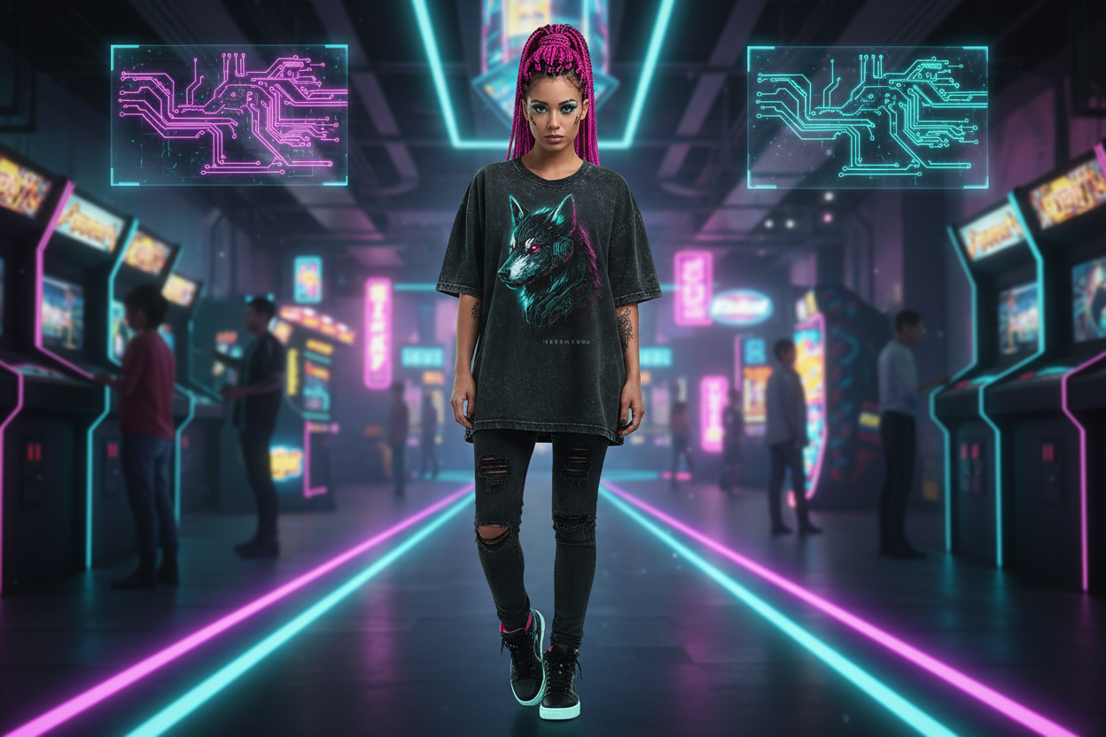 Oversized Shirt Frontprint Washed Black Mockup