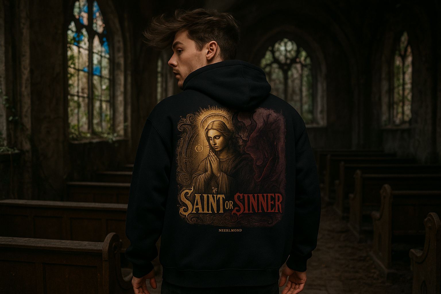 Saint or Sinner Oversized Hoodie - Männliches Model Abandoned Chapel
