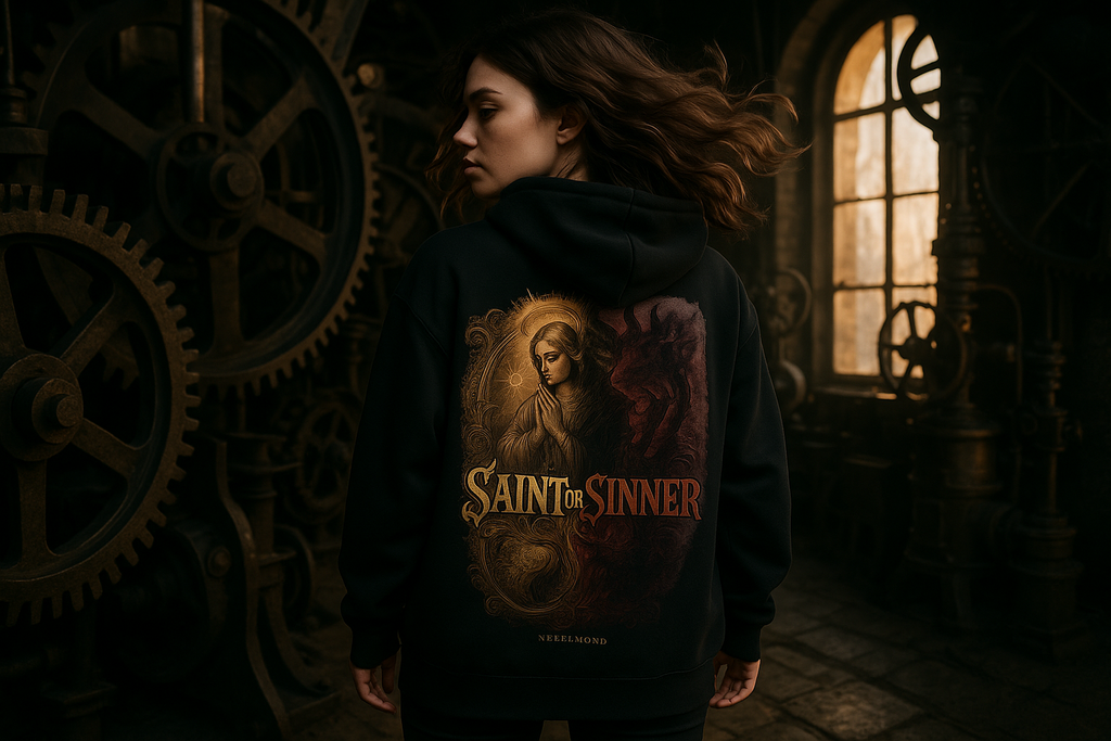 Saint or Sinner Oversized Hoodie - Weibliches Model Clocktower