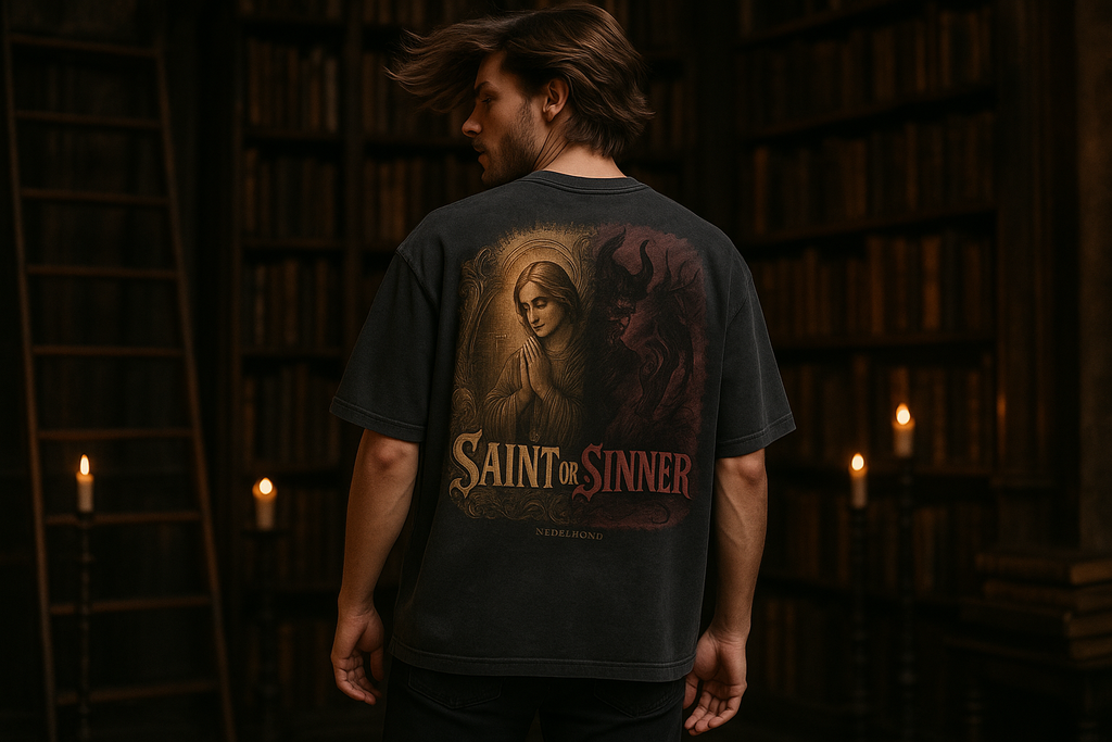 Saint or Sinner Oversized Shirt - Männliches Model Washed Black Ancient Library