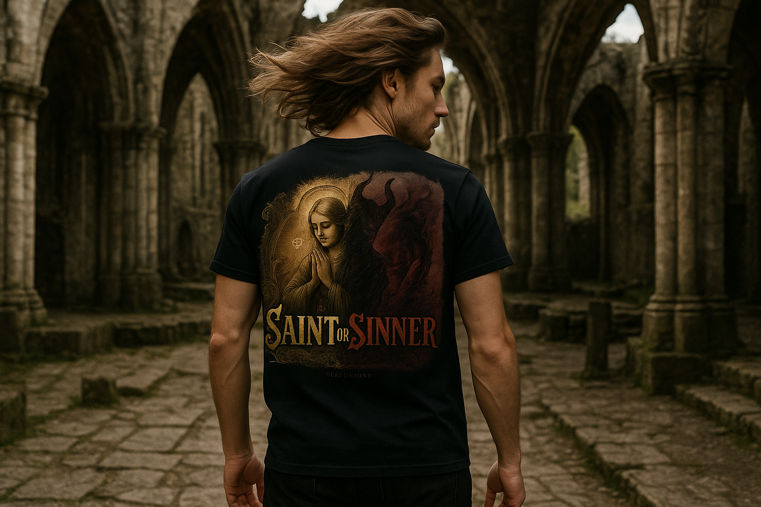 Saint or Sinner Premium T-Shirt - Männliches Model Cathedral Ruins