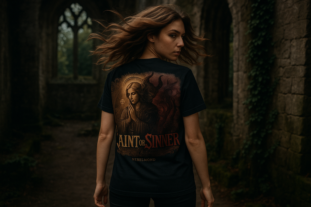 Saint or Sinner Premium T-Shirt - Weibliches Model Monastery Ruins