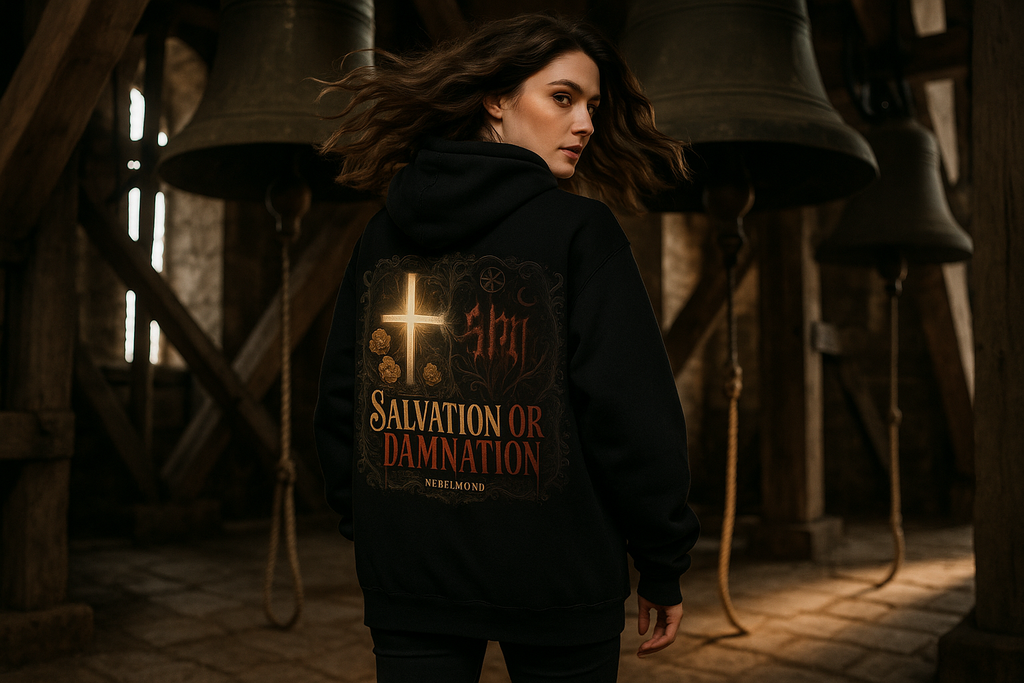 Salvation or Damnation Oversized Hoodie - Weibliches Model Bell Tower
