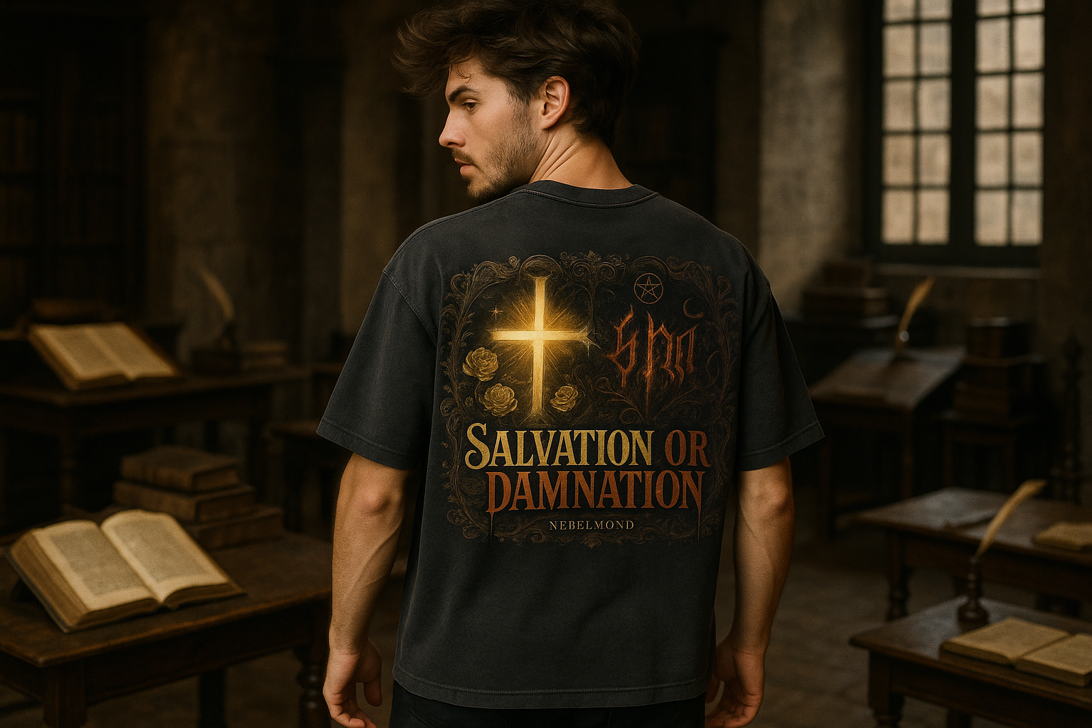 Salvation or Damnation Oversized Shirt - Männliches Model Washed Black Scriptorium