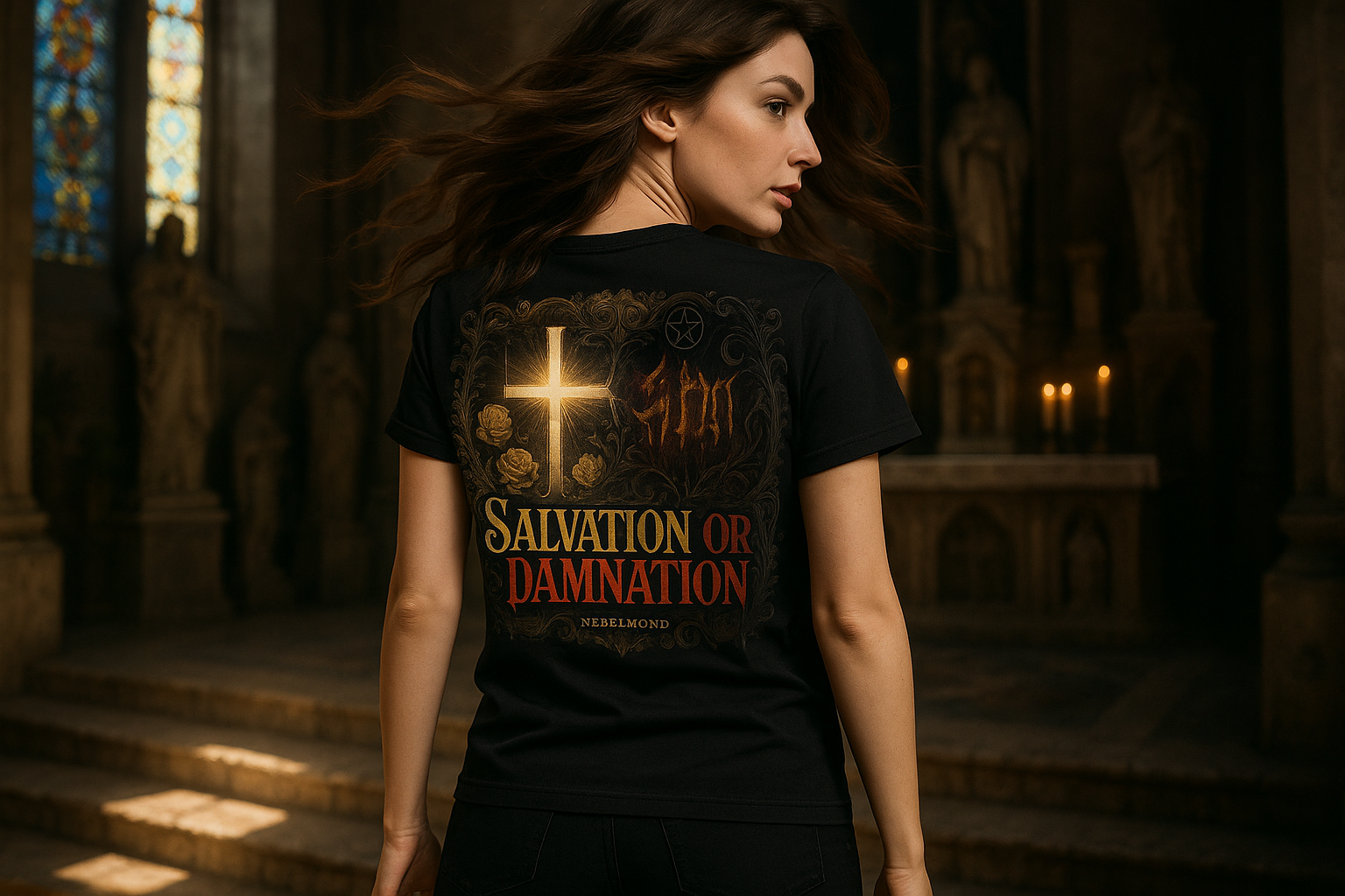 Salvation or Damnation Premium T-Shirt - Weibliches Model Sanctuary