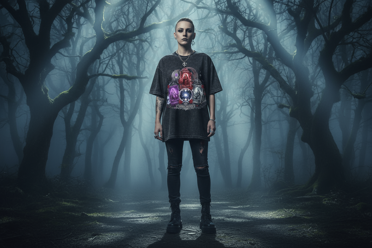 Triple Goddess Spread Oversized Shirt Front Washed Black